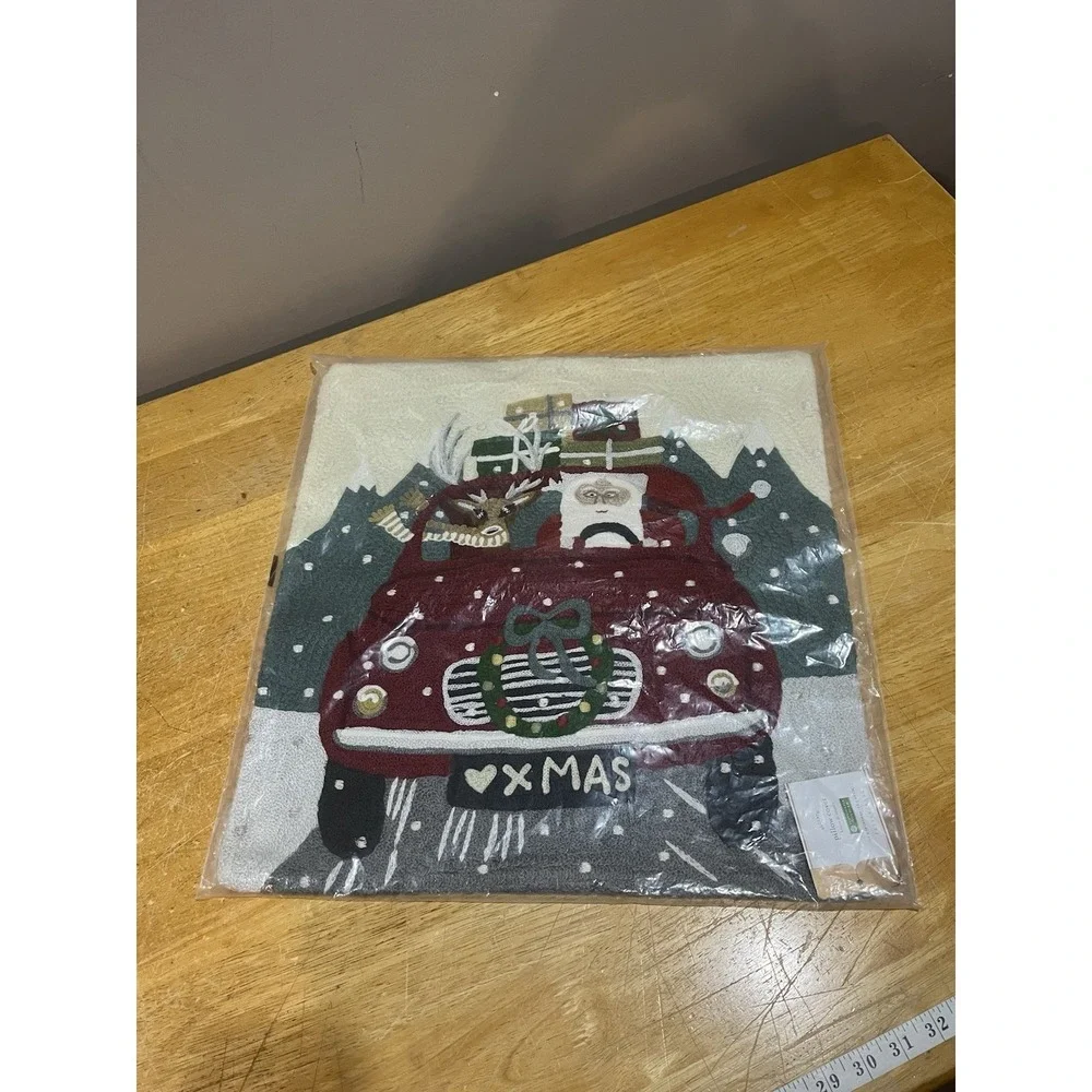 NEW Pottery Barn‎ Road Trip Santa Crewel Embroidered Pillow Cover, Christmas